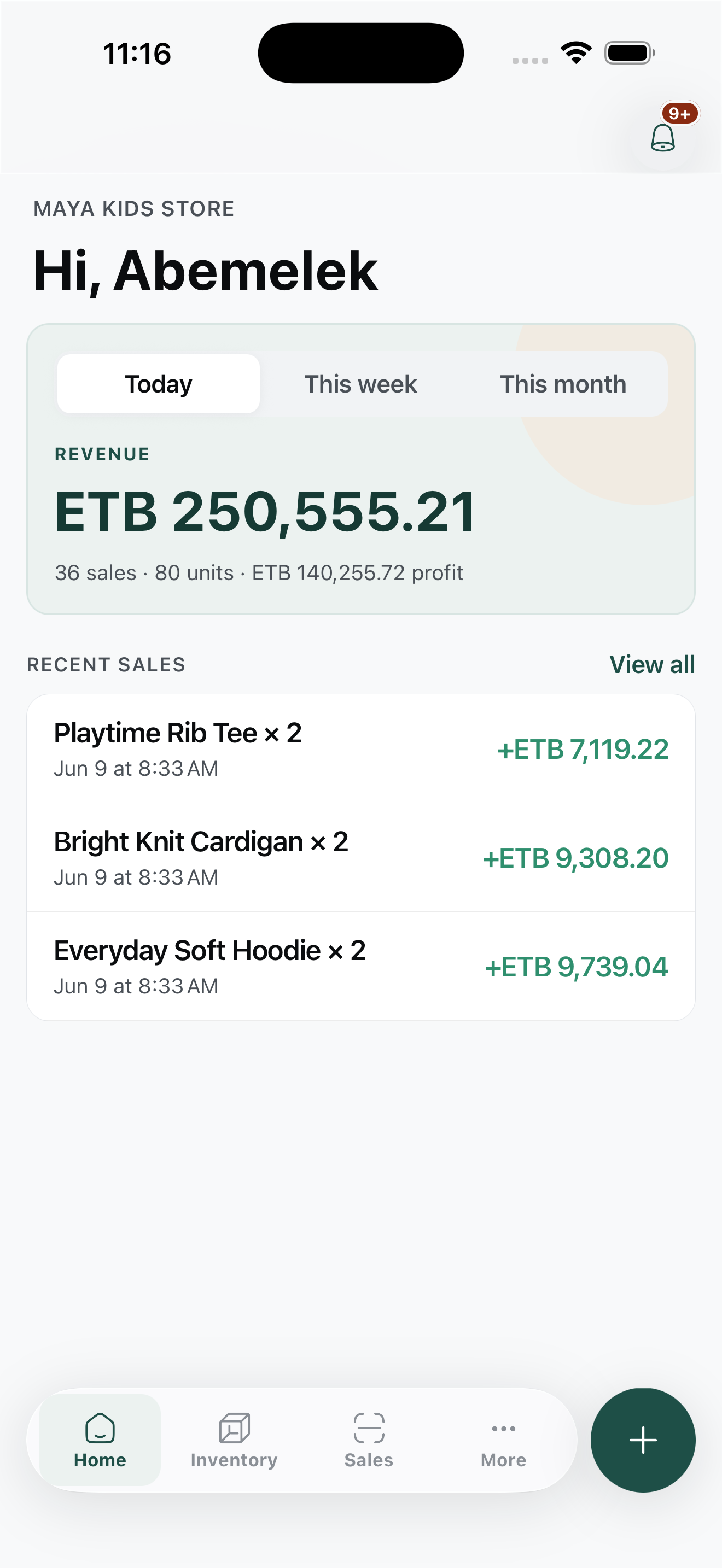 Erefta app home screen — Maya Kids Store dashboard showing today's revenue, sales count, profit, and recent sales